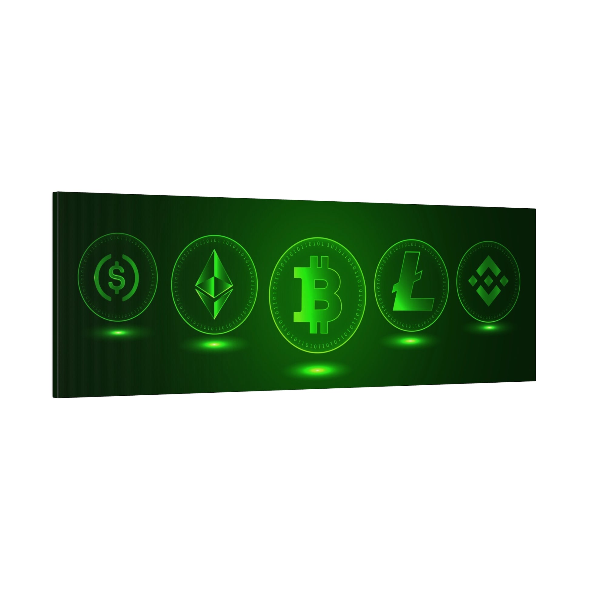 Horizontal wall art featuring five glowing neon cryptocurrency coins (dollar, Ethereum, Bitcoin, Litecoin, Dash) on a dark green background.