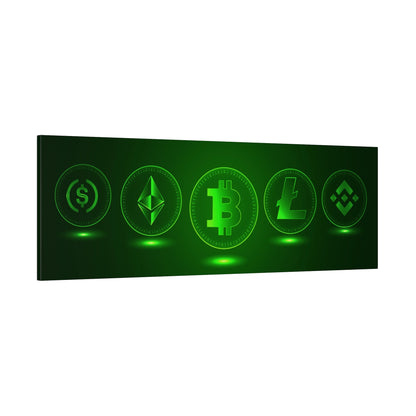 Horizontal wall art featuring five glowing neon cryptocurrency coins (dollar, Ethereum, Bitcoin, Litecoin, Dash) on a dark green background.