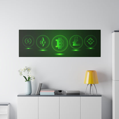 Rectangular wall art showing neon green cryptocurrency symbols (Bitcoin, Ethereum, Litecoin, Binance, dollar) on a dark background.