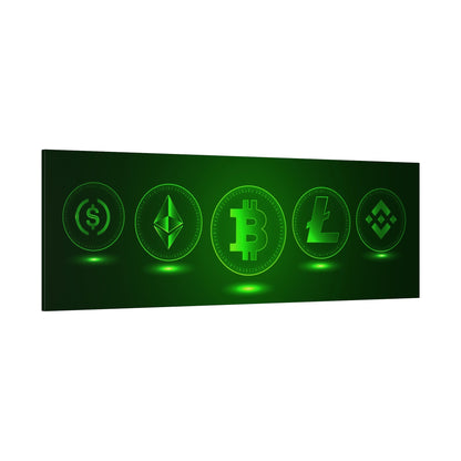 Green neon wall art showing five glowing cryptocurrency coins (Bitcoin, Ethereum, Litecoin, etc.) on a dark green background.