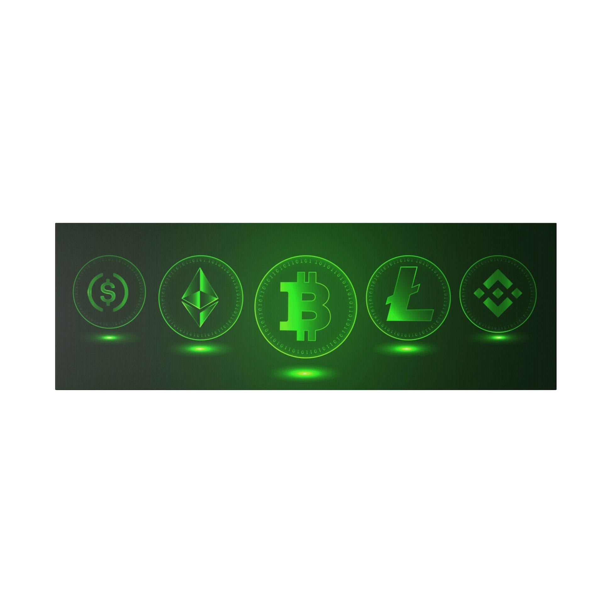 Row of glowing green cryptocurrency coins—Dollar sign, Ethereum, Bitcoin, Litecoin, and Binance Coin—on a dark green background.