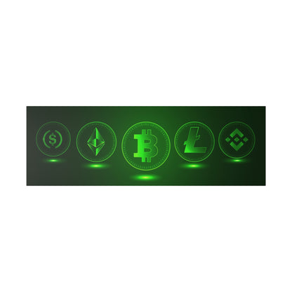 Five neon-green cryptocurrency coins (dollar, Ethereum, Bitcoin, Litecoin, and a fourth logo) glowing on a dark green background.