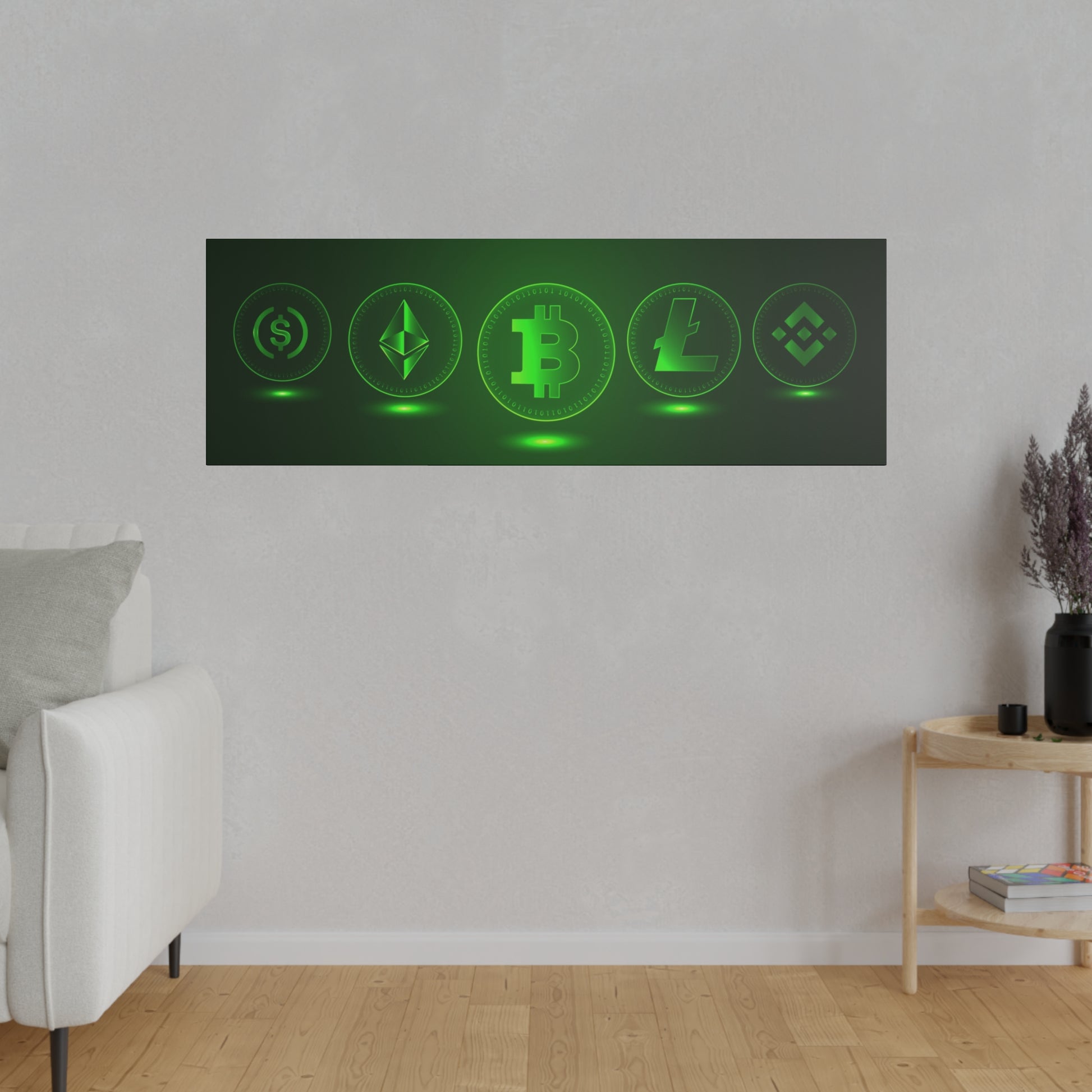 Rectangular wall art showing glowing green cryptocurrency icons (dollar, Ethereum, Bitcoin, Litecoin, Dash) on a black background.