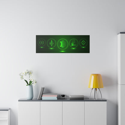 Rectangular wall art featuring green cryptocurrency icons on a dark background mounted above a white sideboard.