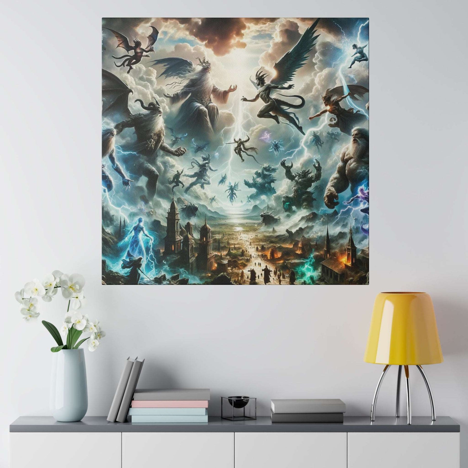 Epic mythological canvas artwork depicting flying gods and monsters above a ruined city in stormy, luminous colors.