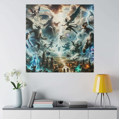 Epic mythological canvas artwork depicting flying gods and monsters above a ruined city in stormy, luminous colors.