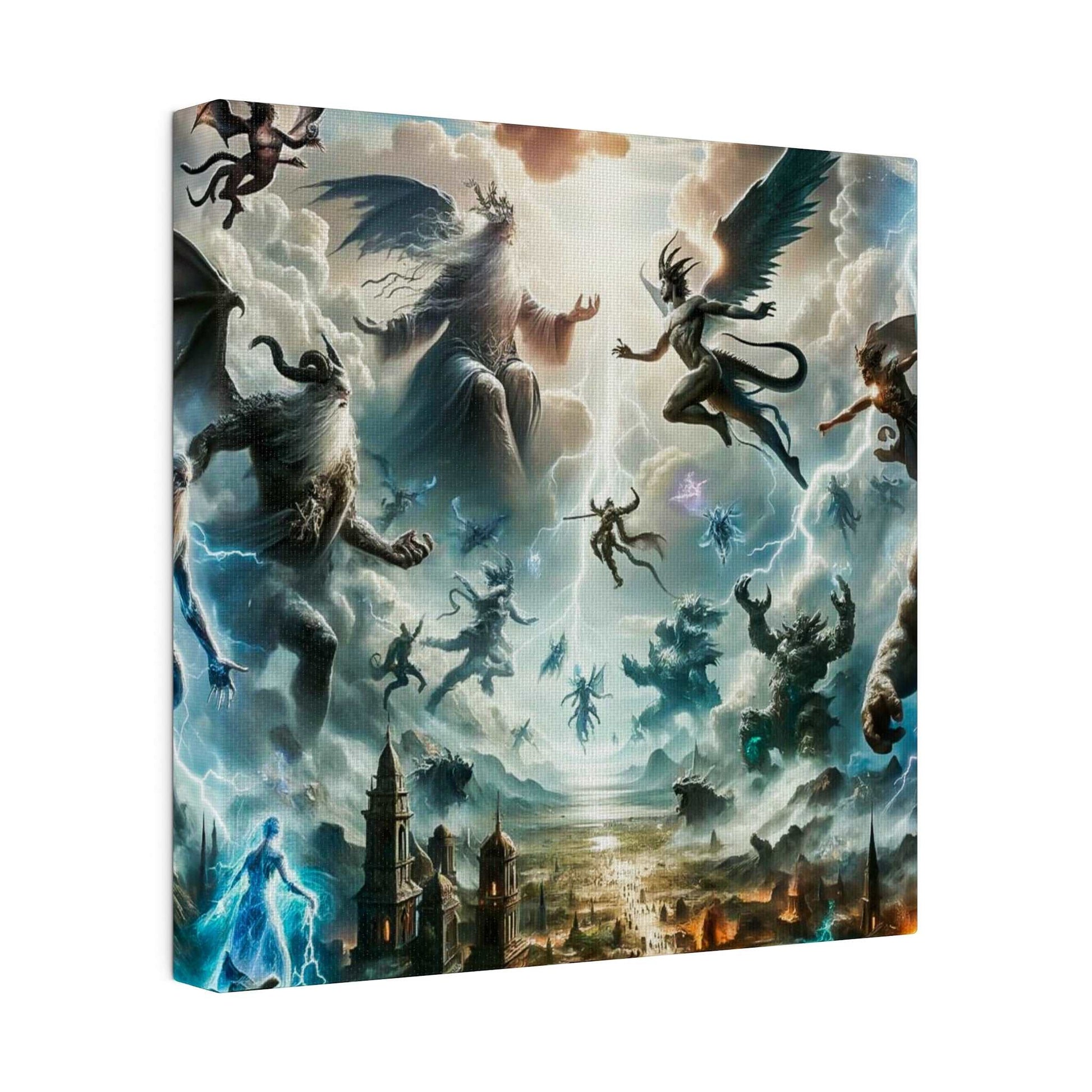 Epic mythological canvas art showing gods and winged creatures battling over a ruined city.