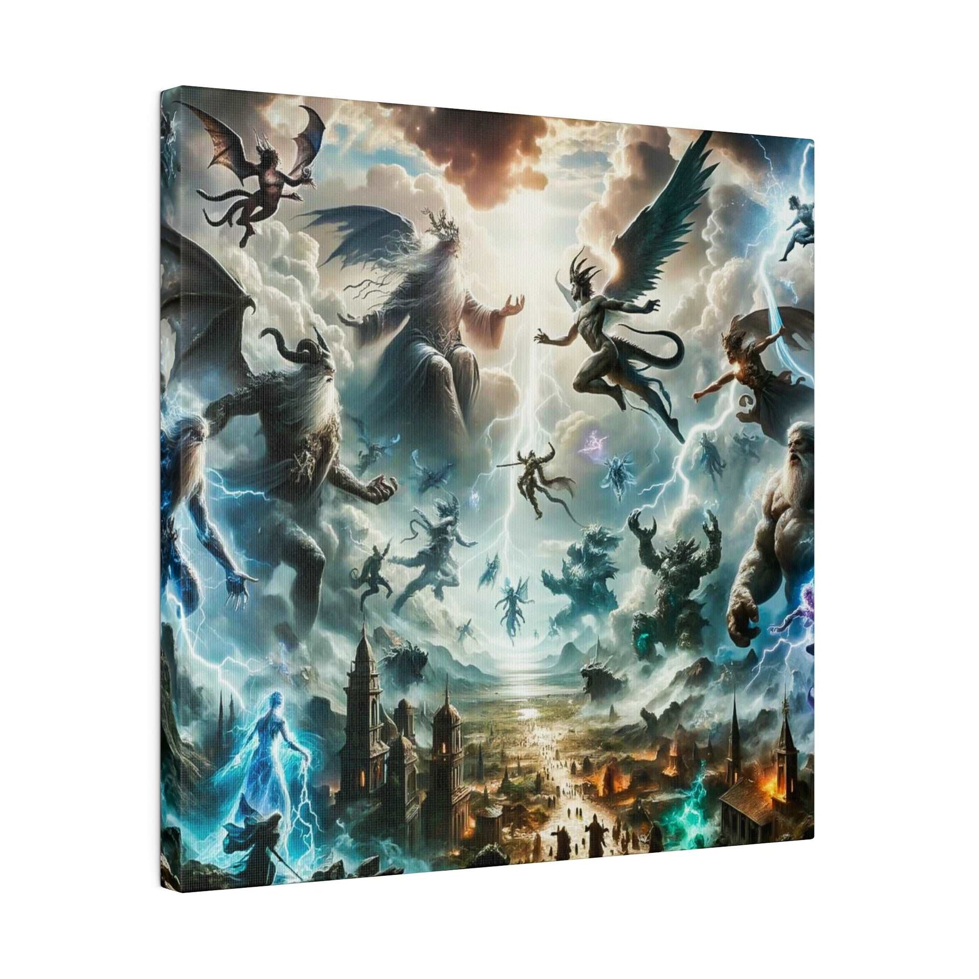 Epic mythological canvas art showing angels, demons, and winged beings battling above a ruined city with lightning and stormy clouds.