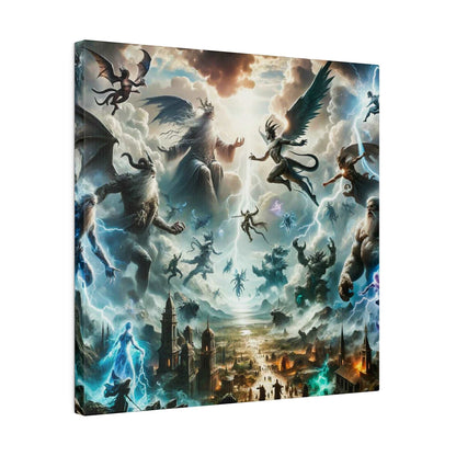 Epic mythological canvas art showing angels, demons, and winged beings battling above a ruined city with lightning and stormy clouds.