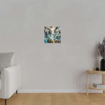 Small rectangular canvas depicting a mythological battle with gods and monsters in blue and orange tones.