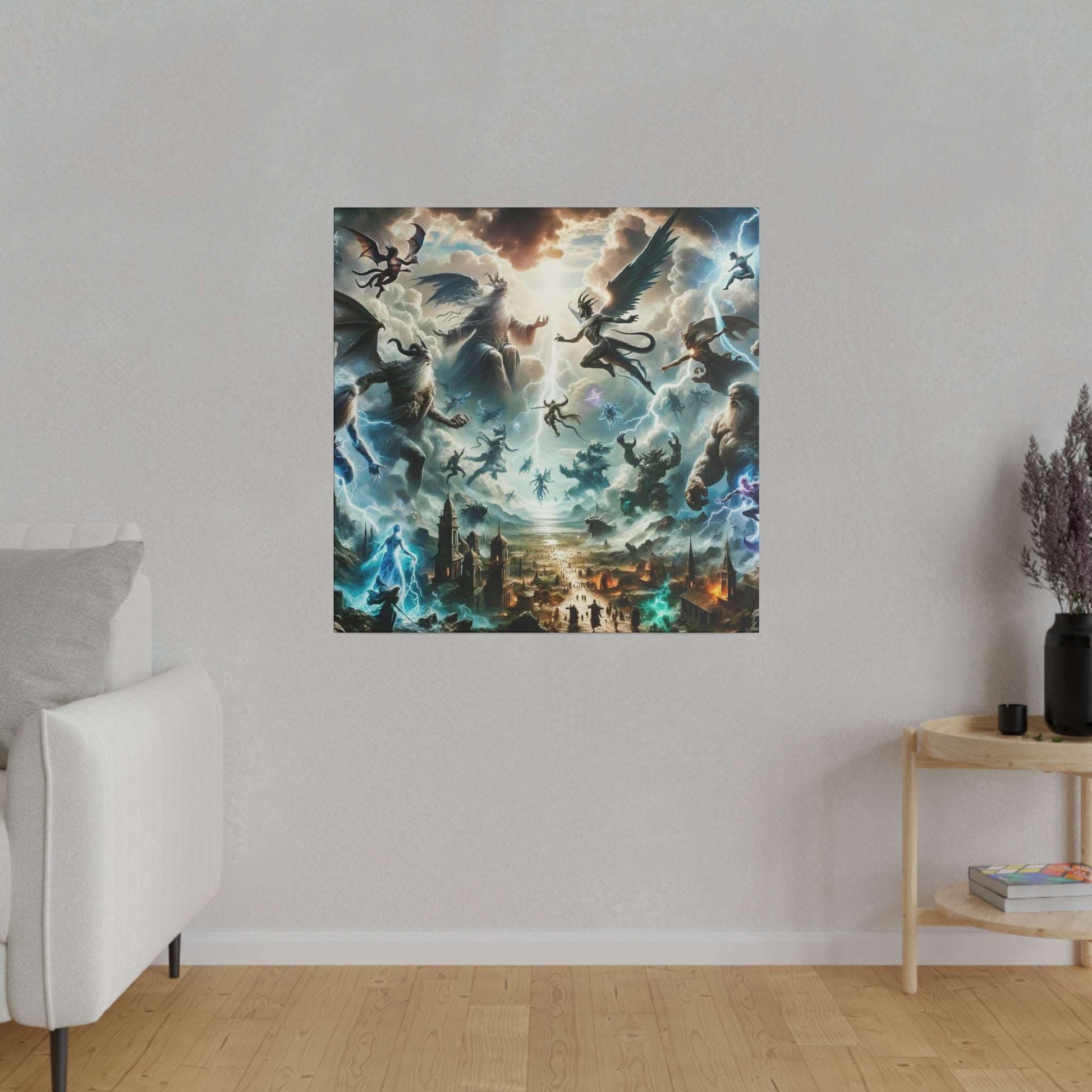 Square art canvas showing a chaotic battle of mythological beings, dragons, angels, and lightning over a city.