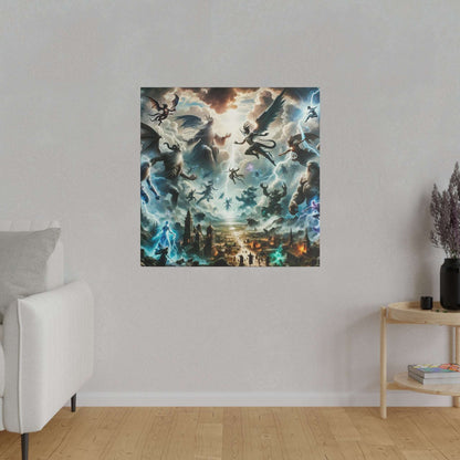 Square art canvas showing a chaotic battle of mythological beings, dragons, angels, and lightning over a city.