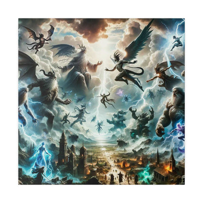 Epic mythological canvas art depicting angels, demons, and gods battling amid lightning over a fiery city.