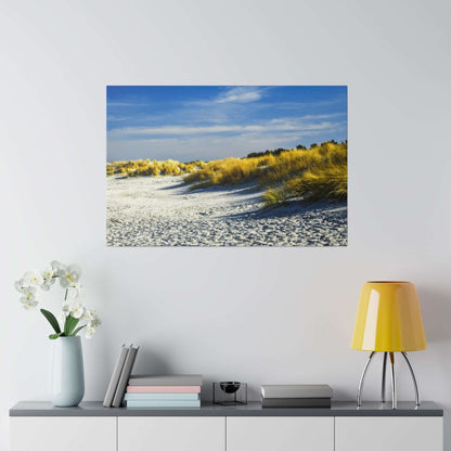 A photograph of a sandy beach with dunes and tall golden grasses under a blue sky.