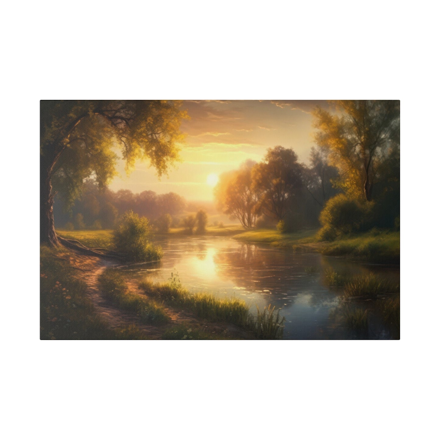 A golden evening river scene with the sunset reflecting beautifully on the water, surrounded by lush trees. The tranquil landscape creates a serene and peaceful atmosphere perfect for relaxation and reflection.