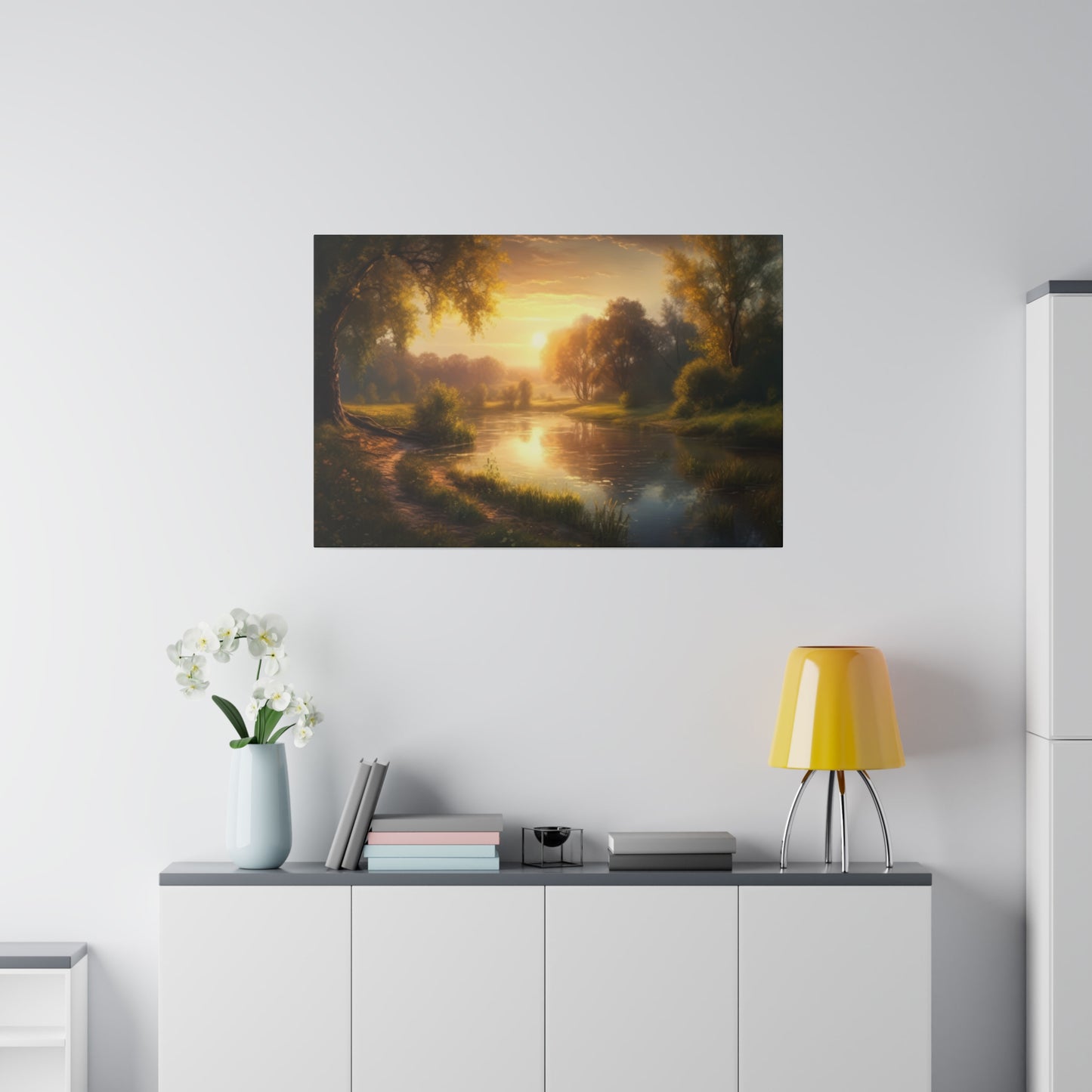 A river scene at golden hour with warm sunlight reflecting off the water, surrounded by lush trees. The serene landscape is bathed in a peaceful glow.