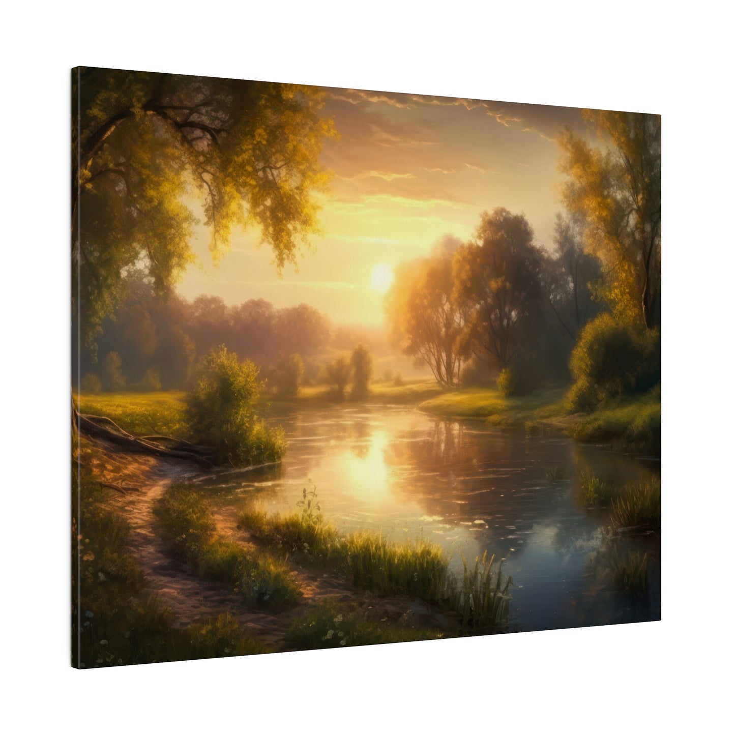 A river at golden hour with warm sunlight reflecting off the water, surrounded by lush trees and a peaceful landscape. The scene is tranquil and serene.