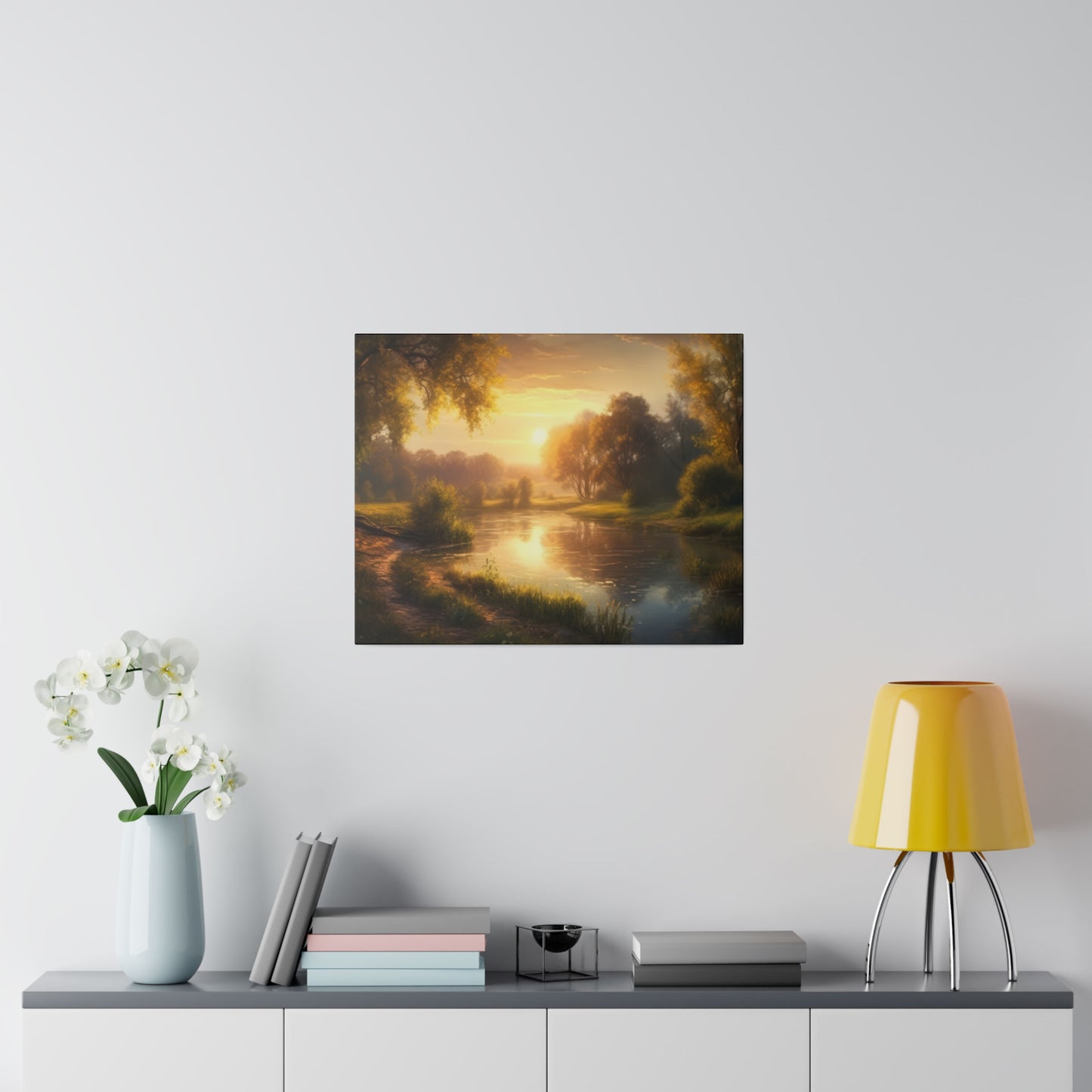 A golden sunset scene featuring a river with reflections, surrounded by lush greenery. The warm light creates a serene and peaceful atmosphere.