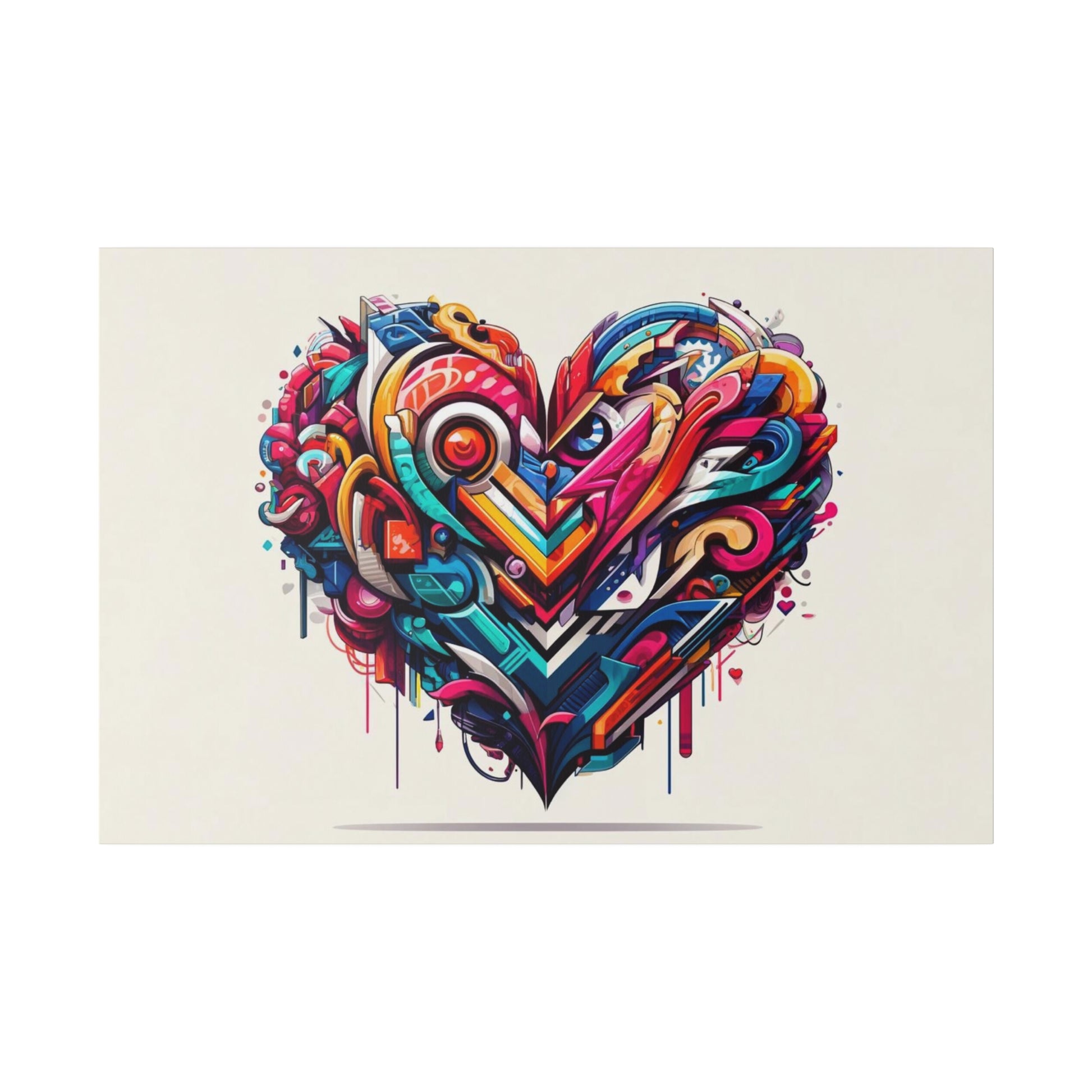Colorful graffiti-style heart graphic with geometric shapes and drips on a light beige background.