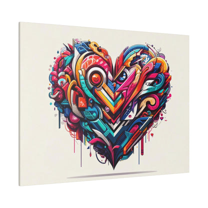 A large graffiti-style heart made of multicolored geometric shapes and flowing lines on a light beige canvas.