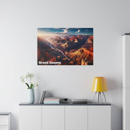 Poster of the Grand Canyon landscape with red rock formations hanging on a light wall above a white sideboard.