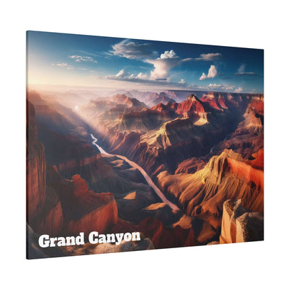 Wide view of the Grand Canyon with layered red rock formations, a winding river, and a blue sky.