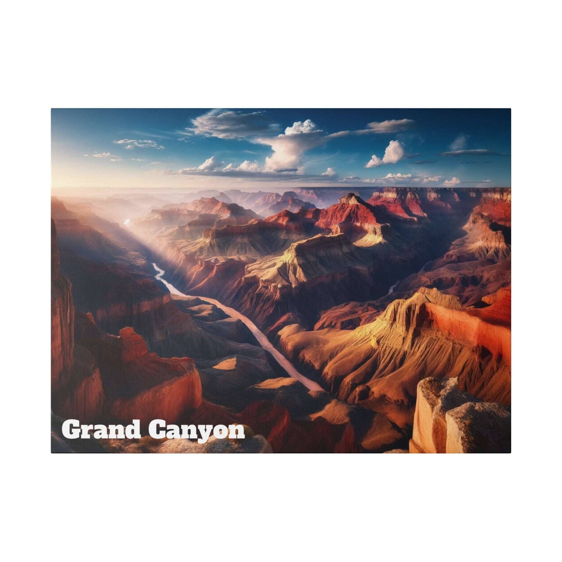 A panoramic view of the Grand Canyon with red rock layers, a winding river, and a blue sky.