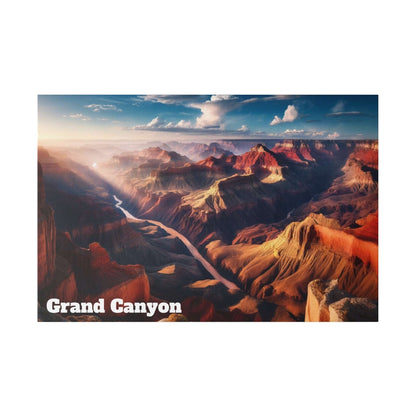 Wide landscape of the Grand Canyon with red rock formations, a winding river, and a blue sky.