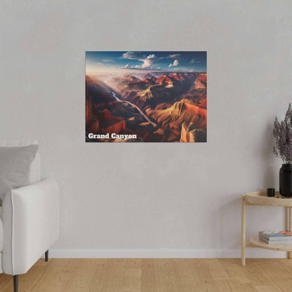 Canvas wall art depicting Grand Canyon landscape with orange canyon ridges, mounted on a light gray wall.