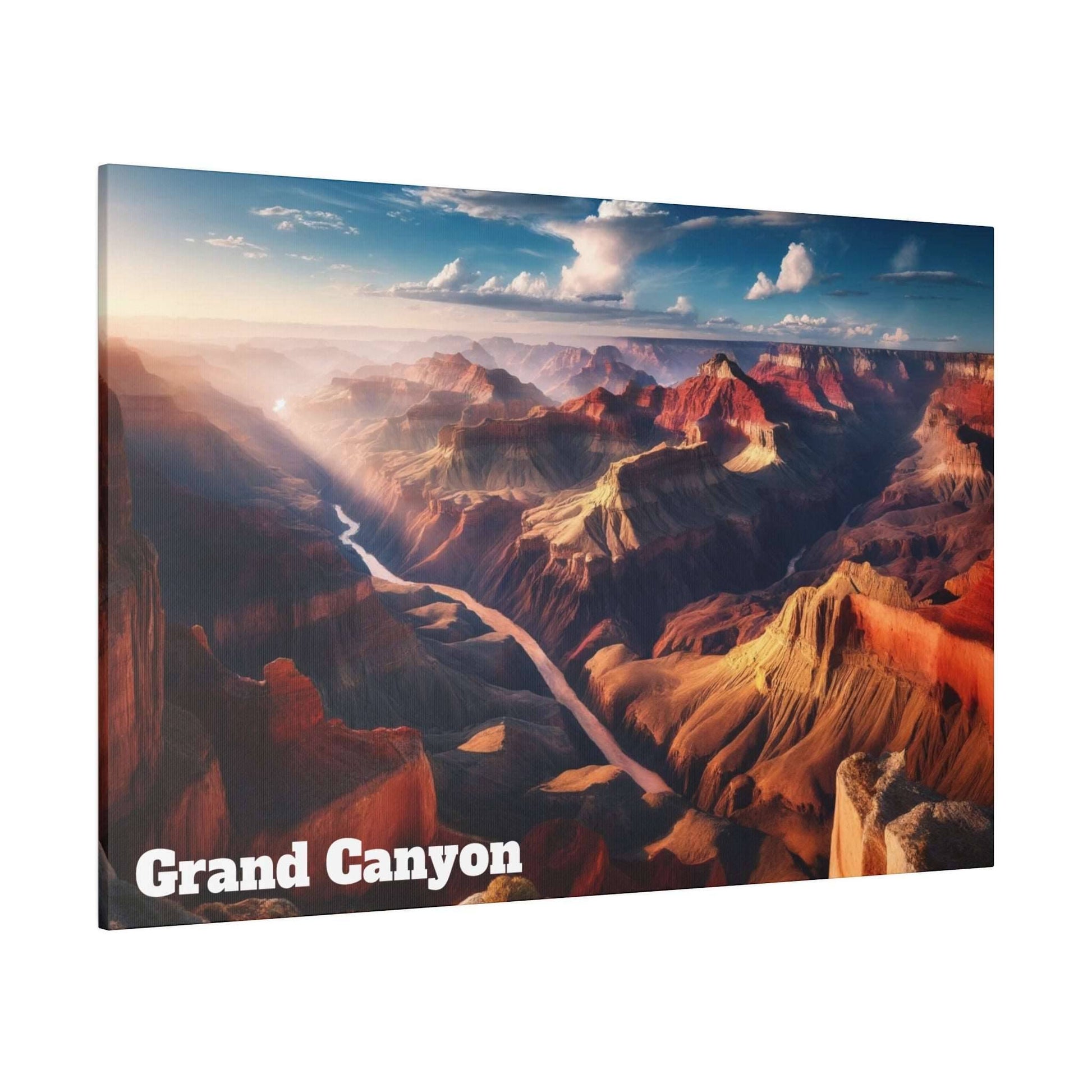 Aerial view of the Grand Canyon with layered red rock formations, a winding river, and a partly cloudy blue sky.