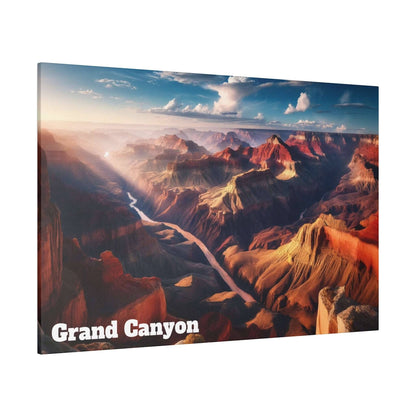 Aerial view of the Grand Canyon with layered red rock formations, a winding river, and a partly cloudy blue sky.