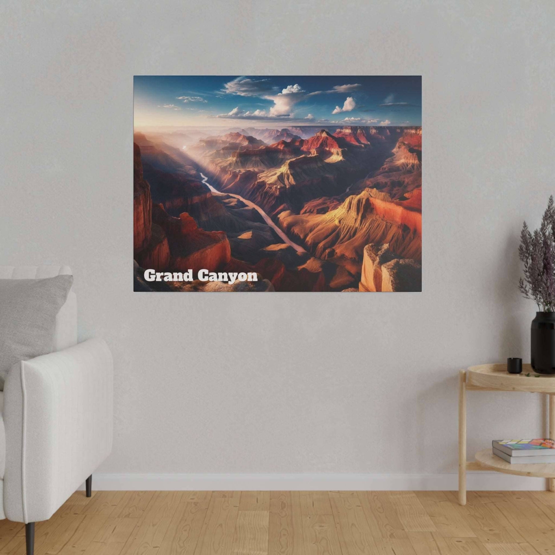 Canvas wall art showing the Grand Canyon with red sandstone cliffs, a river, and a blue sky.