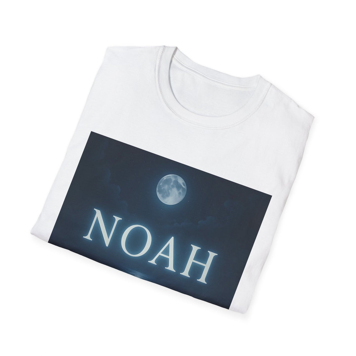 White T-shirt folded with a dark blue rectangular graphic showing a full moon and the word NOAH.