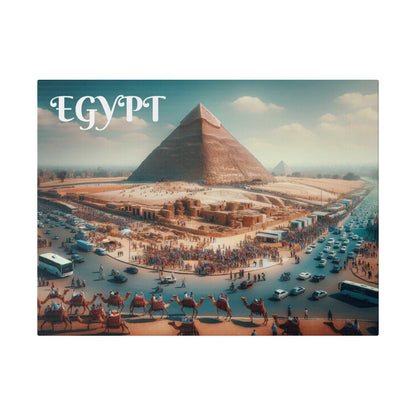 Canvas print of the Great Pyramid of Giza with a crowded foreground, camels, and a busy road lined with cars.
