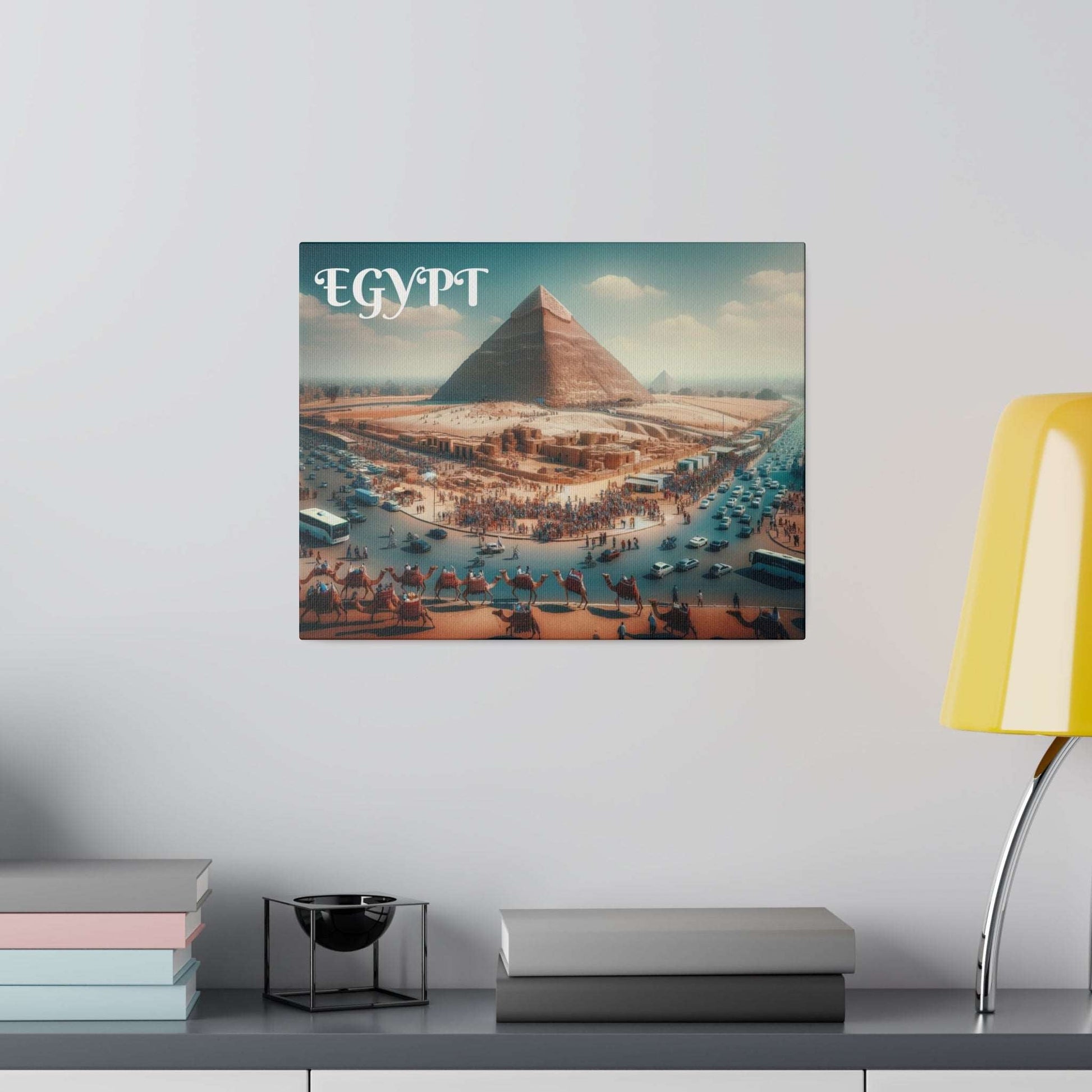 Canvas art print showing the Great Pyramid of Giza with crowds and vehicles in a desert scene, labeled Egypt.