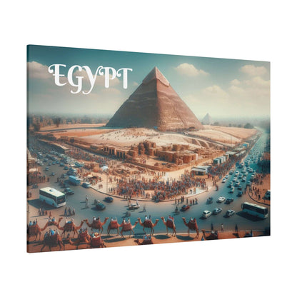 Canvas art showing the Great Pyramid of Giza with crowds, camel riders, and busy traffic along a roadside scene.