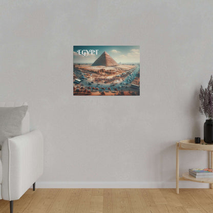 Canvas art print depicting the Great Pyramids of Giza with surrounding crowds and camels.
