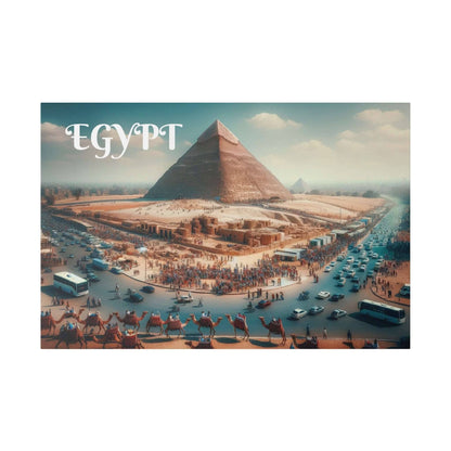 Canvas art showing the Great Pyramid of Giza with a crowded foreground and vehicles, 'EGYPT' text in white top-left.