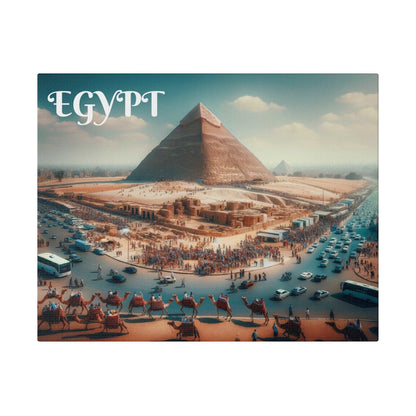 Image shows the Great Pyramid in a desert plaza with surrounding crowds, camels, and traffic.