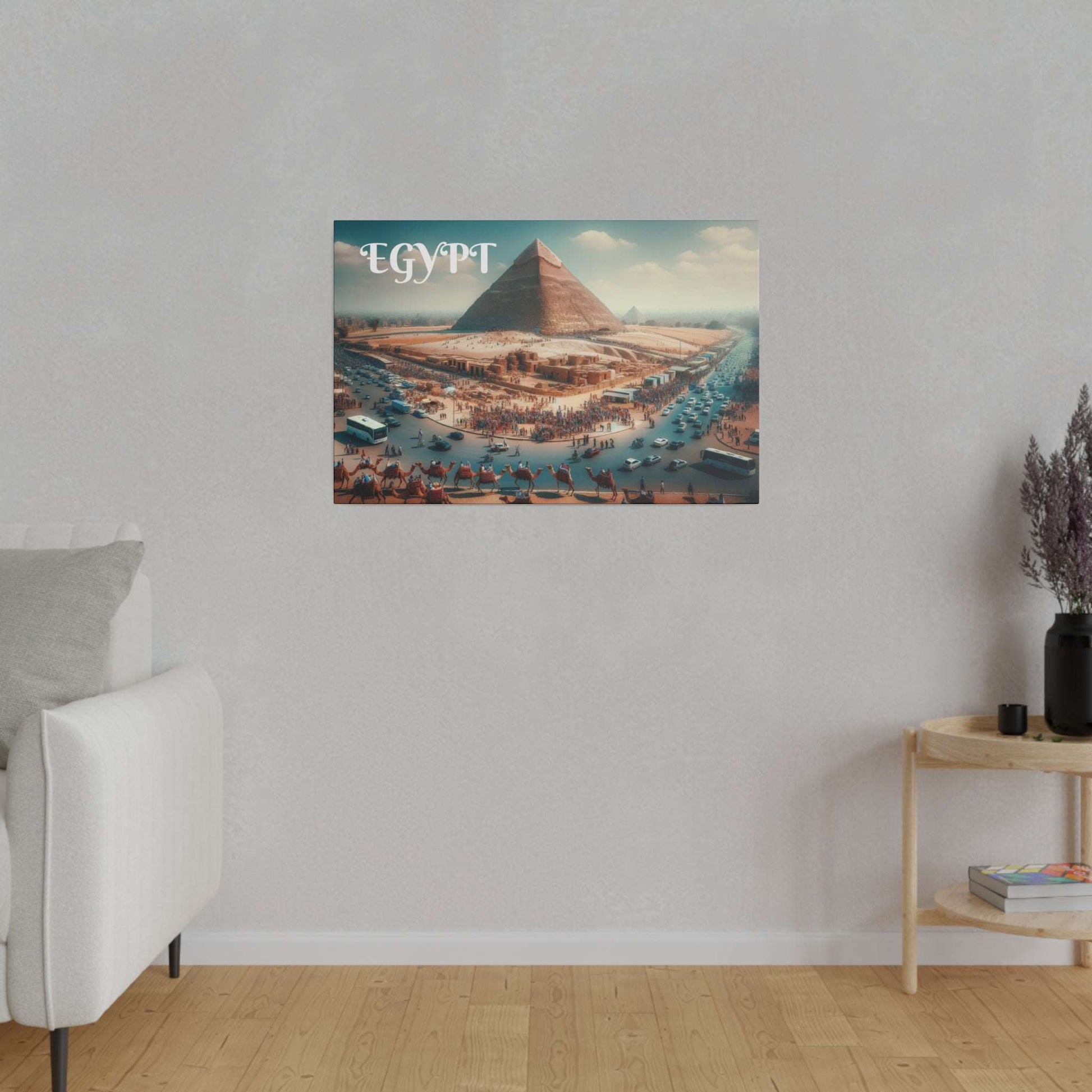 Canvas art print titled 'Egypt' displaying the Great Pyramid with a crowded, desert market scene in warm tones.