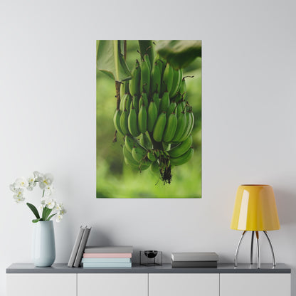 Vertical wall art depicting a green banana bunch hanging from a plant against a blurred green background.