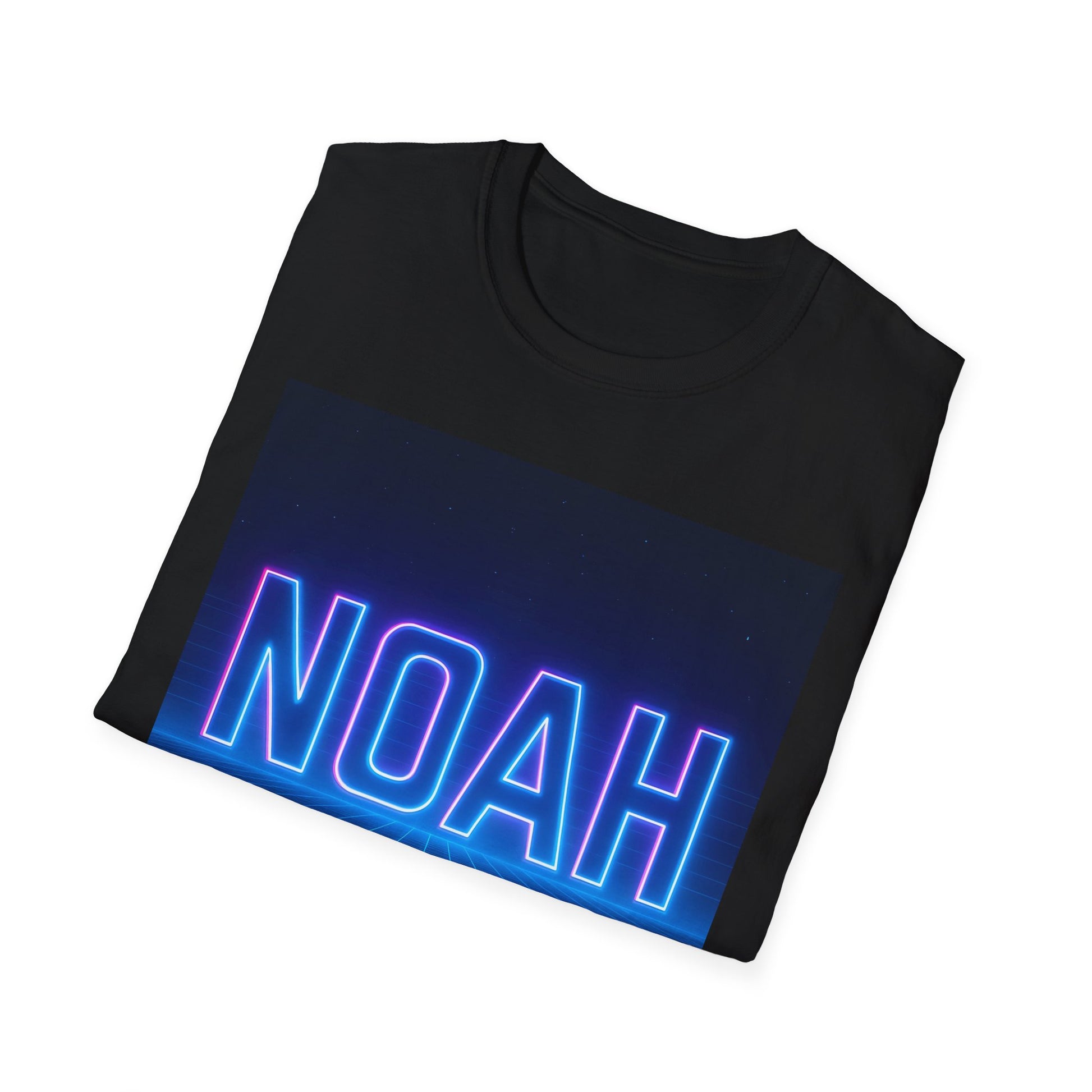 Black crew-neck T-shirt with a large blue neon NOAH graphic across the front.
