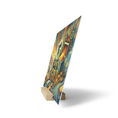 Vertical poster on a wooden stand leans at an angle, showcasing a vibrant abstract design with gold, blue, and orange swirls.