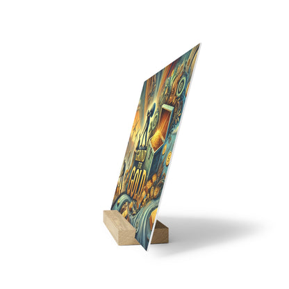 Colorful illustrated poster on a small wooden stand, tilted upright with gold coins and swirling blue patterns.
