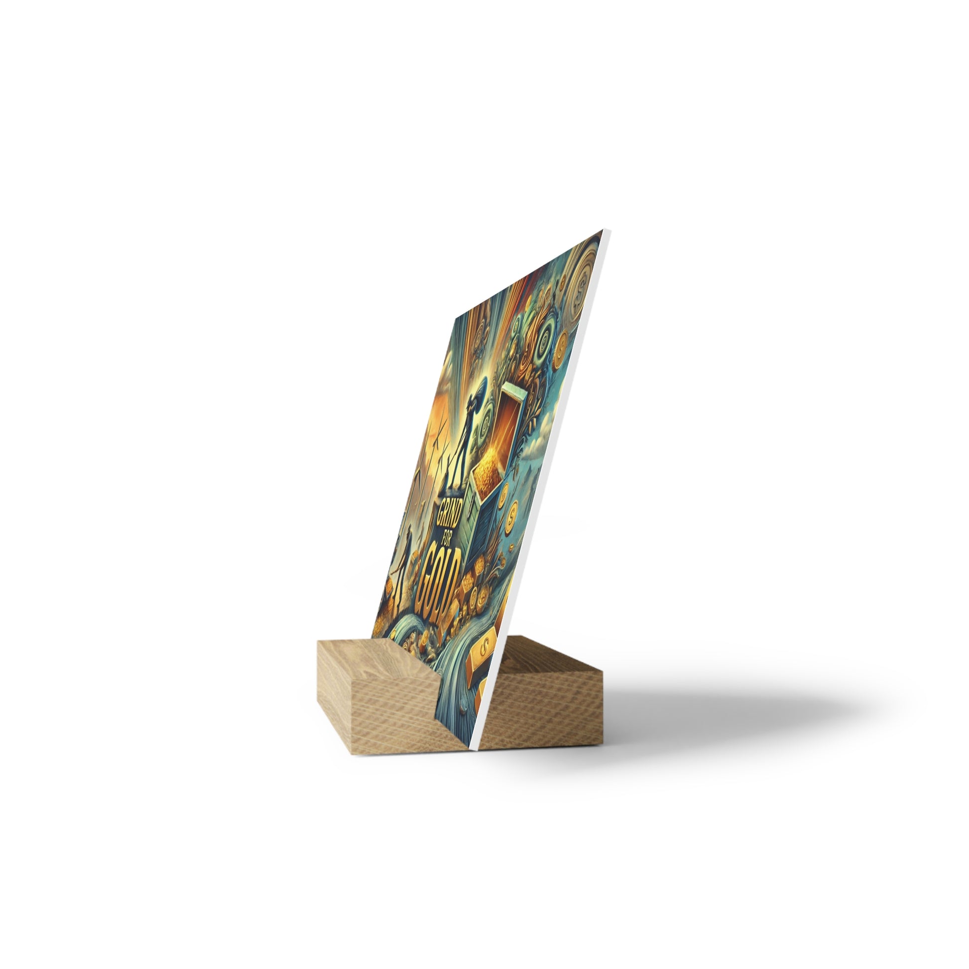 Colorful graphic poster leaning upright on a small light wood display block against a white background.