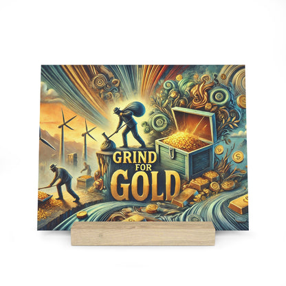 Vibrant fantasy scene of miners digging for gold, with a treasure chest of coins and the words GRIND FOR GOLD.