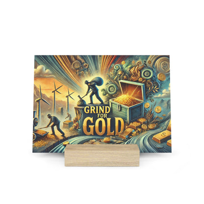 Colorful illustrated poster depicting miners excavating for gold, with an open treasure chest spilling gold coins.