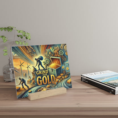 Colorful illustrated poster showing miners digging for gold with a treasure chest and coins, placed on a wooden table beside a magazine.