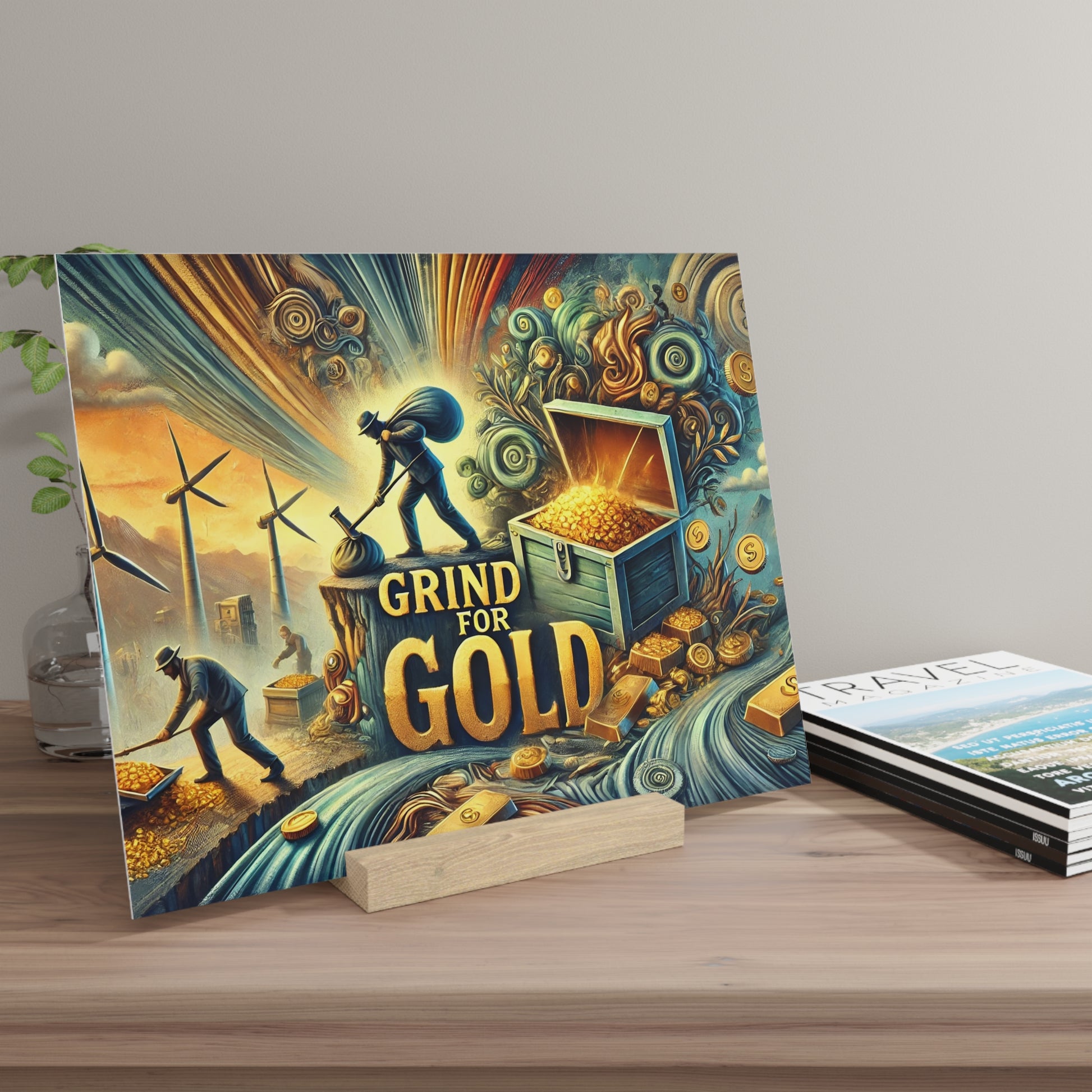 Colorful illustration of miners digging for gold with a treasure chest and coins, titled 'GRIND FOR GOLD', resting on a wooden table.