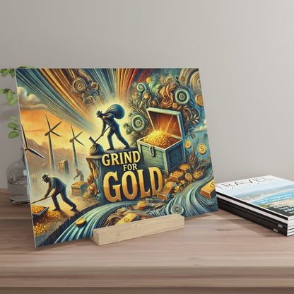 Colorful illustration of miners digging for gold with a treasure chest and coins, titled 'GRIND FOR GOLD', resting on a wooden table.